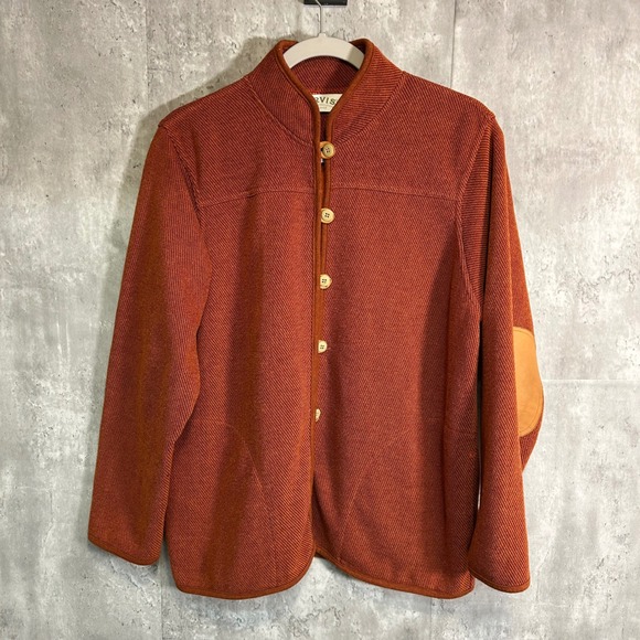 Orvis Sweaters - Orvis Womens Burnt Orange Textured Knit Button Cardigan Leather Elbow Patches M